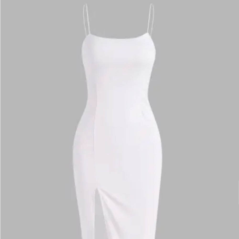 Spaghetti Strap Thigh Split Slinky Maxi Dress- white M